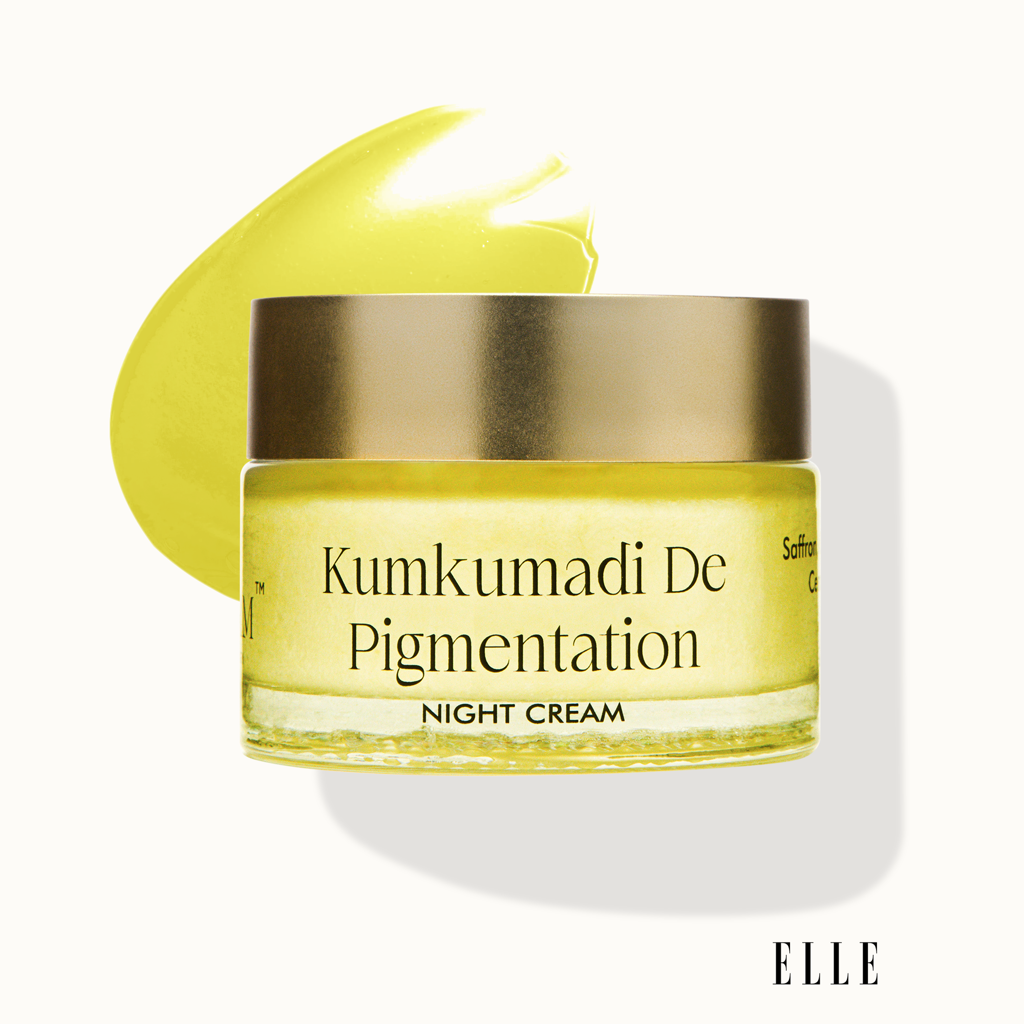 A jar of Kumkumadi De Pigmentation Night Cream with Saffron & Ceramides on a yellow background, with the product name clearly displayed.